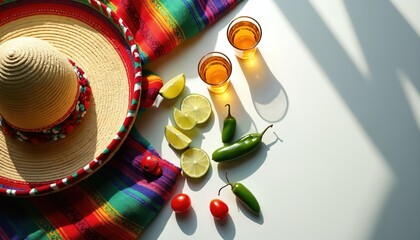Vibrant Cinco de Mayo setup with traditional sombrero, colorful serape blanket, lime slices, jalapeno peppers, tomatoes. Two glasses of tequila suggest festive celebration, party drinks, Mexican