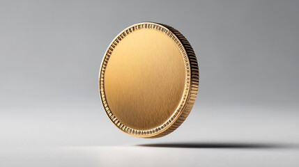Shiny gold coin standing on edge on neutral surface, bullion detail. AI generated
