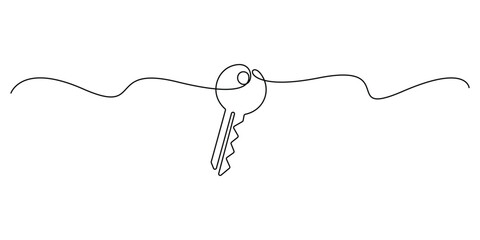 Continuous one line drawing of a house with a key, Set of keys against white background, Single line drawing symbol of house keys, Real estate line icon vector design, Key icon. Vector illustration