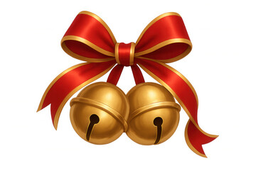 Two golden jingle bells hanging from a festive red ribbon and bow, symbolizing christmas spirit on transparent background