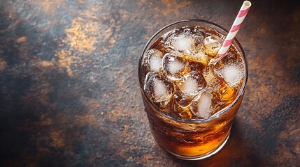Iced cola soda pop with straw in flay lay composition