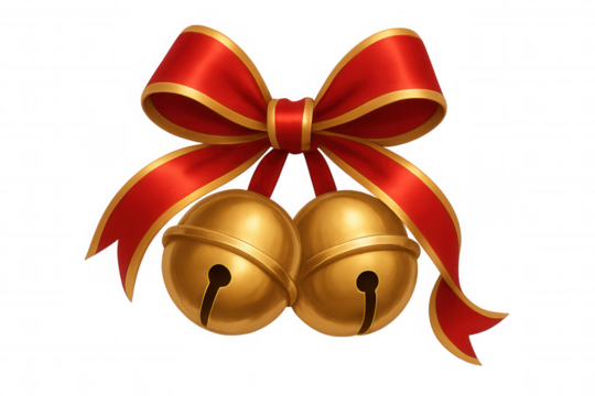 Two golden jingle bells hanging from a festive red ribbon and bow, symbolizing christmas spirit on transparent background - Powered by Adobe