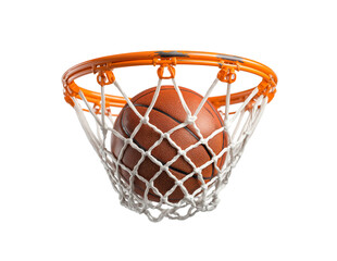 Basketball ball falling into hoop net isolated on white background. AI generated