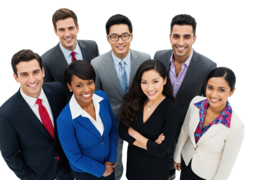 Six diverse business professionals in tailored formal wear, smiling confidently, on a white studio background, soft light. Concept of diverse team success