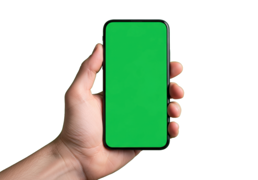 Adult human hand, neutral skin tone, gently holding a sleek black smartphone with a vibrant chroma key green screen, against a pure bright green background, concept for digital content display