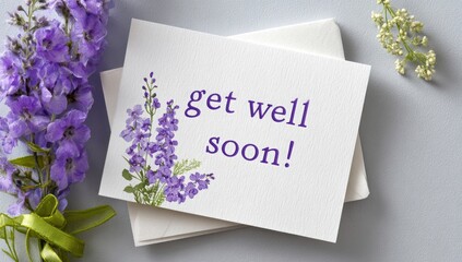 A stack of get well soon cards with delicate lavender flower accents