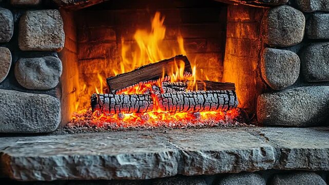 A cozy stone fireplace with burning logs and flickering flames provides warmth and a relaxing atmosphere in a rustic home interior.