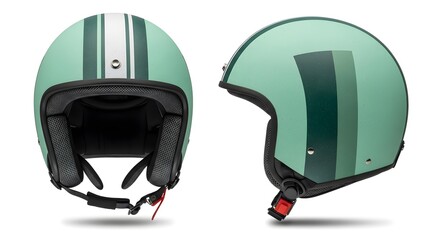 A pair of images showcasing a vintage style open face motorcycle helmet. The protective headgear is matte seafoam green with white and dark green racing stripes, isolated on a white background