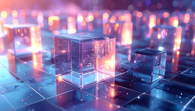 Abstract glowing cubes on a reflective surface (1) - Powered by Adobe