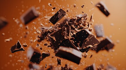 3D render of chocolate bar fragments exploding against a warm orange background with scattered particles.