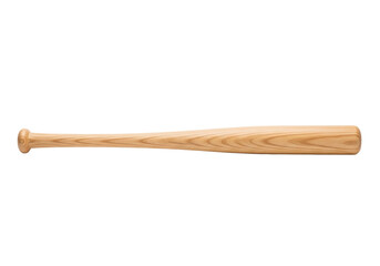 A single, new, light brown wooden baseball bat with visible wood grain, smooth and perfectly finished, isolated on a transparent background, concept of sports equipment product presentation