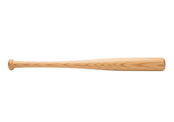 A single, new, light brown wooden baseball bat with visible wood grain, smooth and perfectly finished, isolated on a transparent background, concept of sports equipment product presentation
