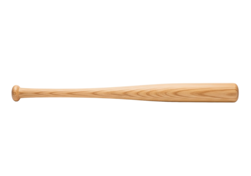 A single, new, light brown wooden baseball bat with visible wood grain, smooth and perfectly finished, isolated on a transparent background, concept of sports equipment product presentation