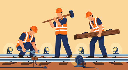 Railway Construction Crew Men in hard hats and vests, building railroad tracks with tools and wooden beams