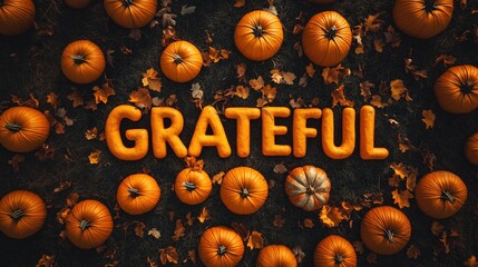 Grateful Sign Amidst Abundant Orange Pumpkins and Fall Foliage