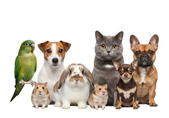 Obraz premium Monk parakeet, british shorthair, jack russell, hamster, lop-eared rabbit, french bulldog, chihuahua on white studio background, curious, harmonious animal companionship