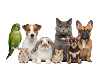 Monk parakeet, british shorthair, jack russell, hamster, lop-eared rabbit, french bulldog, chihuahua on white studio background, curious, harmonious animal companionship