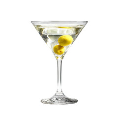 A martini glass filled with a clear cocktail, garnished with two olives