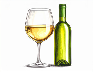 White wine glass with bottle on wooden table, natural light