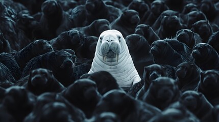 Obraz premium Digital illustration of a single walrus prominently displayed amidst a dense, dark group of similar marine mammals.