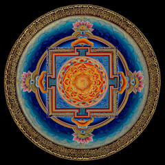 Fototapeta premium stunning circular mandala featuring gold filigree, blue and red layers, and radiant central glow. Rich cultural motifs evoke spirituality, sacred geometry, and decorative artistry suitable for design