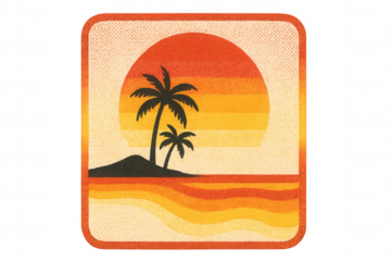 Retro sunset beach badge with palm trees on tropical island, vintage surfing emblem on transparent background