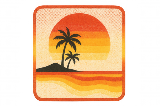 Retro sunset beach badge with palm trees on tropical island, vintage surfing emblem on transparent background
