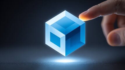 A human hand gently interacts with a luminous, translucent cube suspended in darkness, evoking a sense of futuristic technology and delicate control over digital space.
