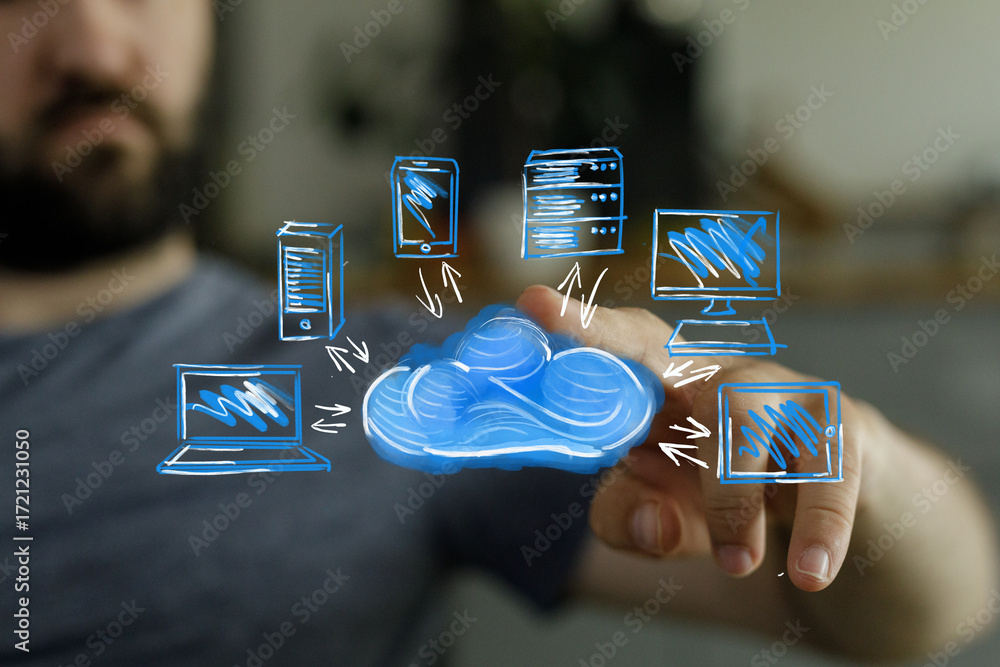 Poster high-quality image depicting cloud computing, network connectivity, data sharing, and digital techno