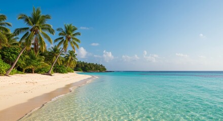 Fototapeta premium Idyllic tropical beach with white sand, palm trees, and clear turquoise ocean water.