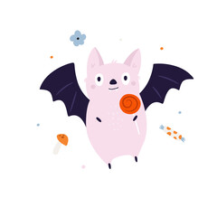 Pink Cartoon Bat with Lollipop, Cute Halloween. Animal Illustration for Kids.