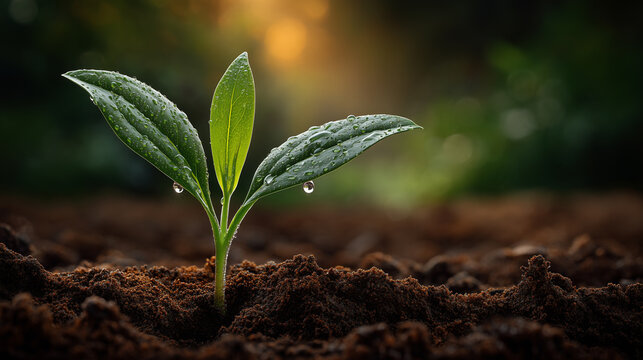 A fresh seedling pushes through rich soil, dew clinging to its leaves as soft morning light glows, symbolizing growth, renewal, and the beauty of nature.