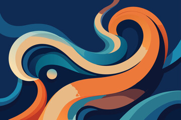 Obraz premium Vibrant Abstract Swirling Waves of Blue Orange and Brown on Dark Blue Background vector illustration