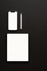Blank screens on smartphone, tablet and stylus on black background for mockup, design or digital content creation, copy space.