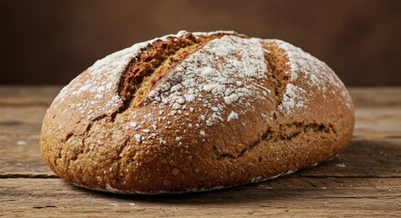 Naklejka premium Close-up shot of a loaf of freshly baked bread, dusted with flour, on a wooden surface.