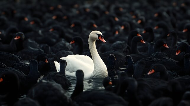 Photograph of a solitary white swan surrounded by a dense flock of black swans in murky water. - Powered by Adobe
