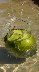 A vibrant, lush green coconut creates a striking splash in the shallow water.