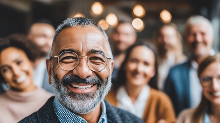 A distinguished man with graying hair and glasses smiles warmly at the viewer, surrounded by a softly focused group of diverse individuals, conveying a sense of community and positive connection.
