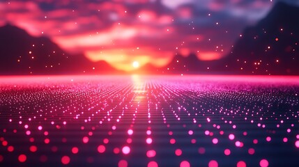 Vibrant Neon Grid Landscape at Sunset with Glowing Particles