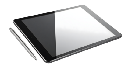 Tablet computer angled perspective with pen beside, isolated on transparent background 