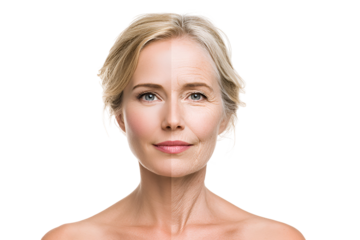 Aging process visible on a middle-aged woman face comparing the youthful side to the skin showing lines and wrinkles concept of anti-aging skin care and rejuvenation treatments