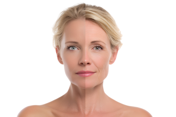 Woman showing the effects of aging on her split face anti-aging face skin rejuvenation process the concept of before and after cosmetic enhancement natural age progression and youthful