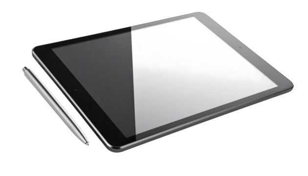 Tablet computer angled perspective with pen beside, isolated on transparent background  - Powered by Adobe