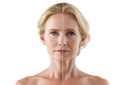Woman showing before and after aging effect on her face concept of skincare and beauty treatment process demonstrating aging process and youthfulness demonstrating healthy skin