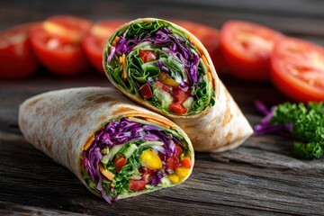 Colorful vegetable wraps with fresh tomatoes and vibrant purple cabbage