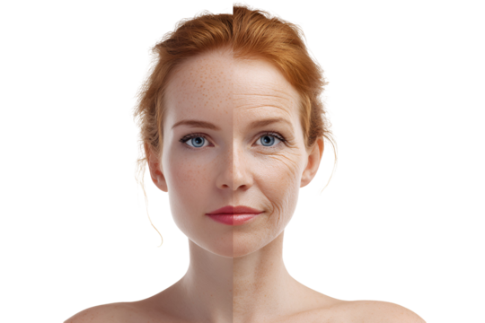 Woman face half young with freckles and half mature with wrinkles concept skin treatment and age progress beauty and rejuvenation showing the before and after effect of cosmetic