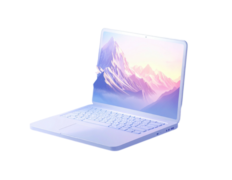Light-purple laptop angled, mountain landscape screen