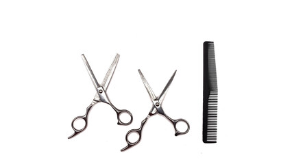 Professional Haircut Barber Scissors and black comb isolated on White Background. forming the letters XXI