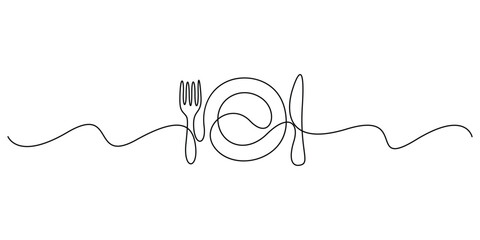 Minimalist continuous one line drawing of a plate fork knife and spoon isolated on white background vector illustration © MD