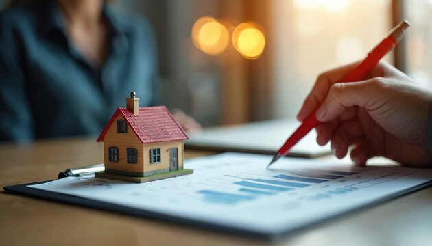 Real estate business management checklist and property analysis with miniature house model. Person uses pen to review financial charts and building data for investment or mortgage decisions.